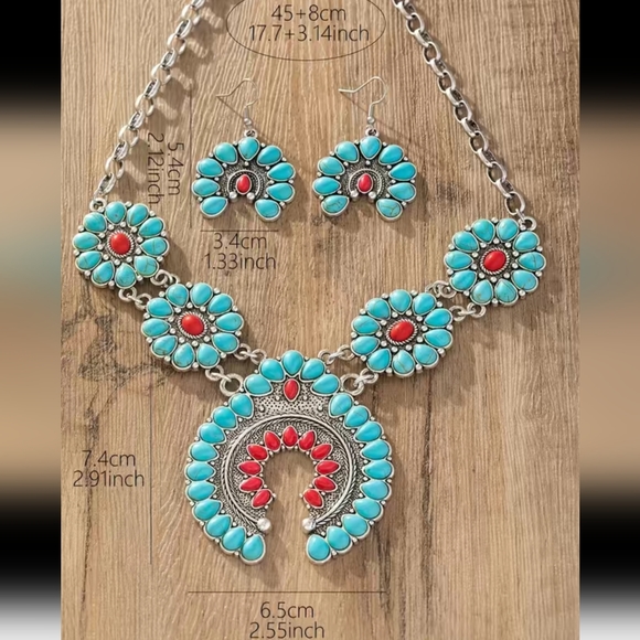 COPY - Gorgeous southwest turquoise squash Blossom statement Necklace and earri… - Picture 2 of 3